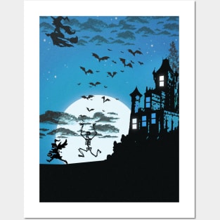 Spooky Blue Halloween Silhouette Illustration Posters and Art